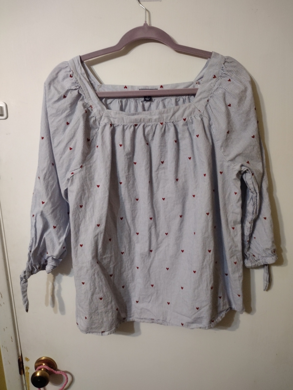 Izod Light Blue Striped Peasant Top with Red Heart Motif